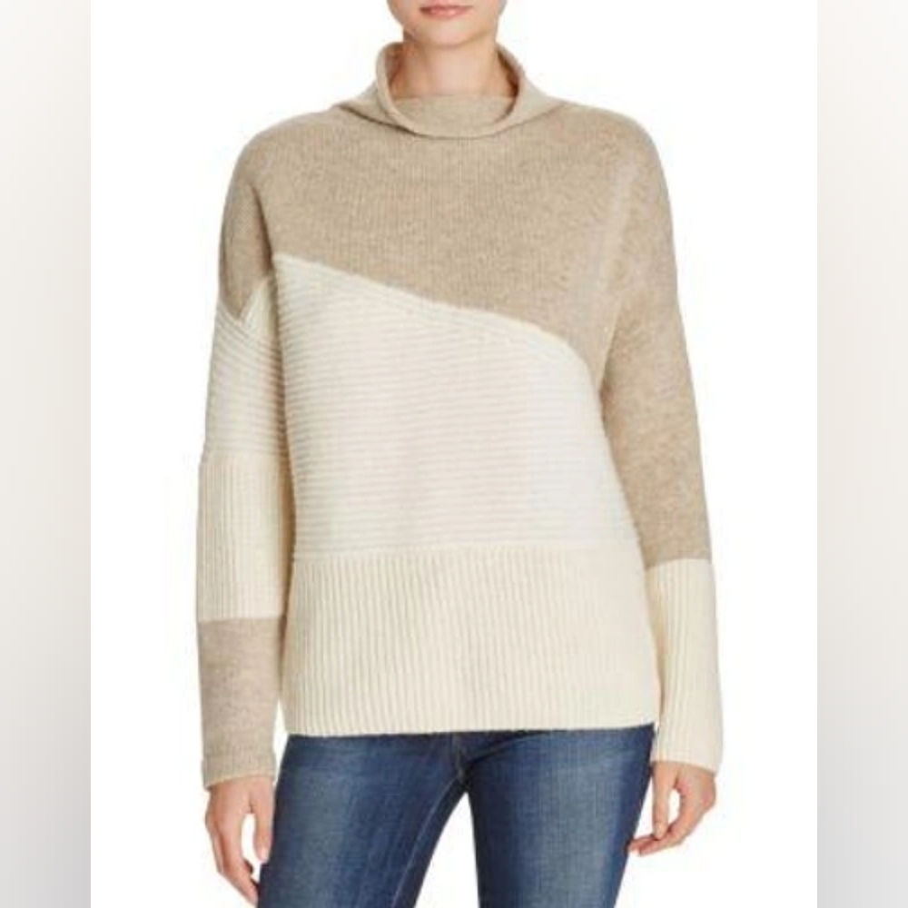 French Connection Patchwork Mock Neck Sweater - Light Oatmeal - Small Women's